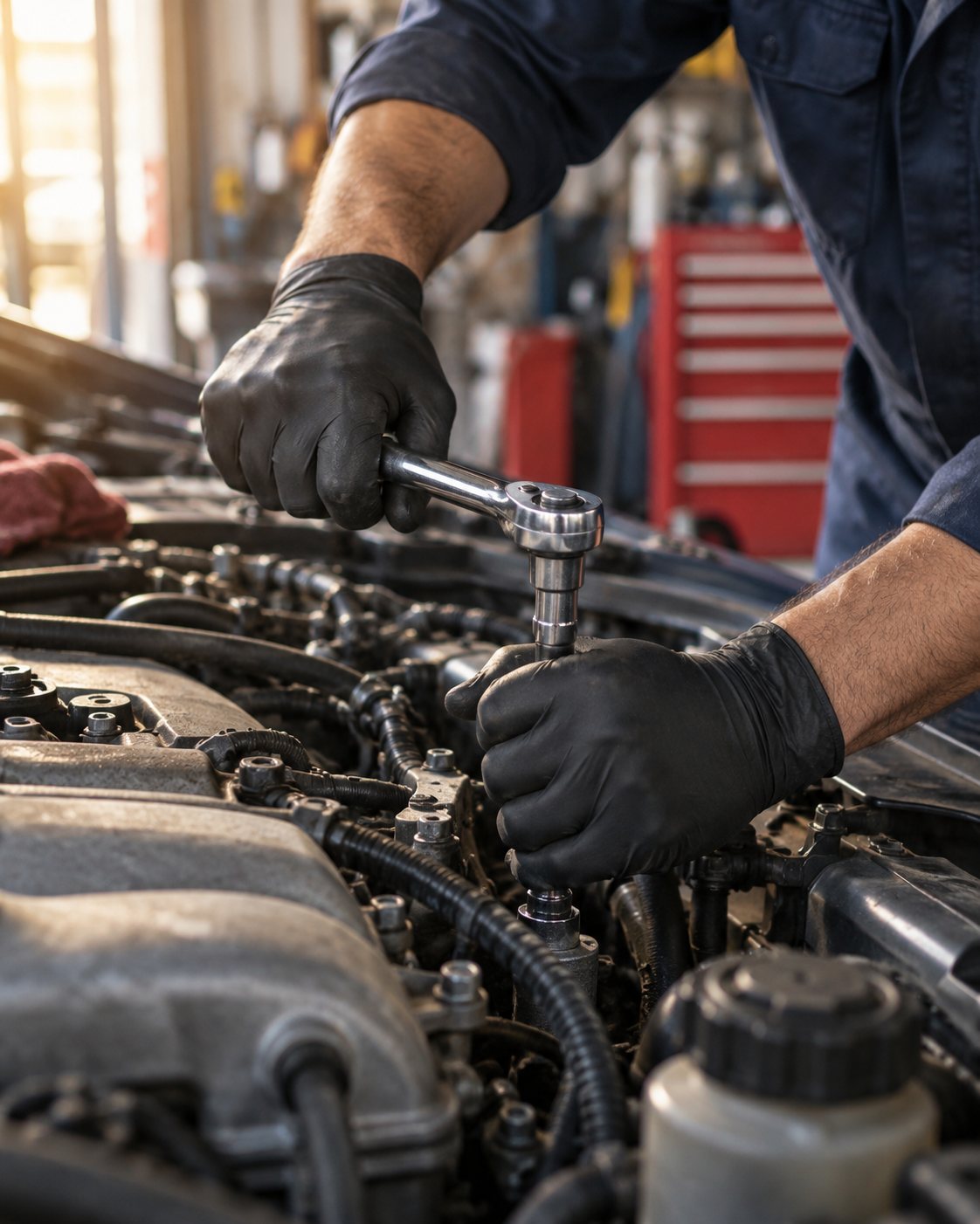 Illustrative mechanic using a ratchet during engine maintenance