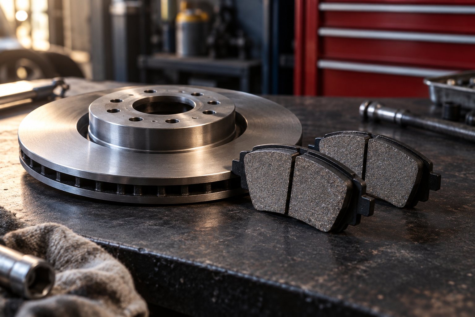 Illustrative brake pads and a rotor on a workshop counter