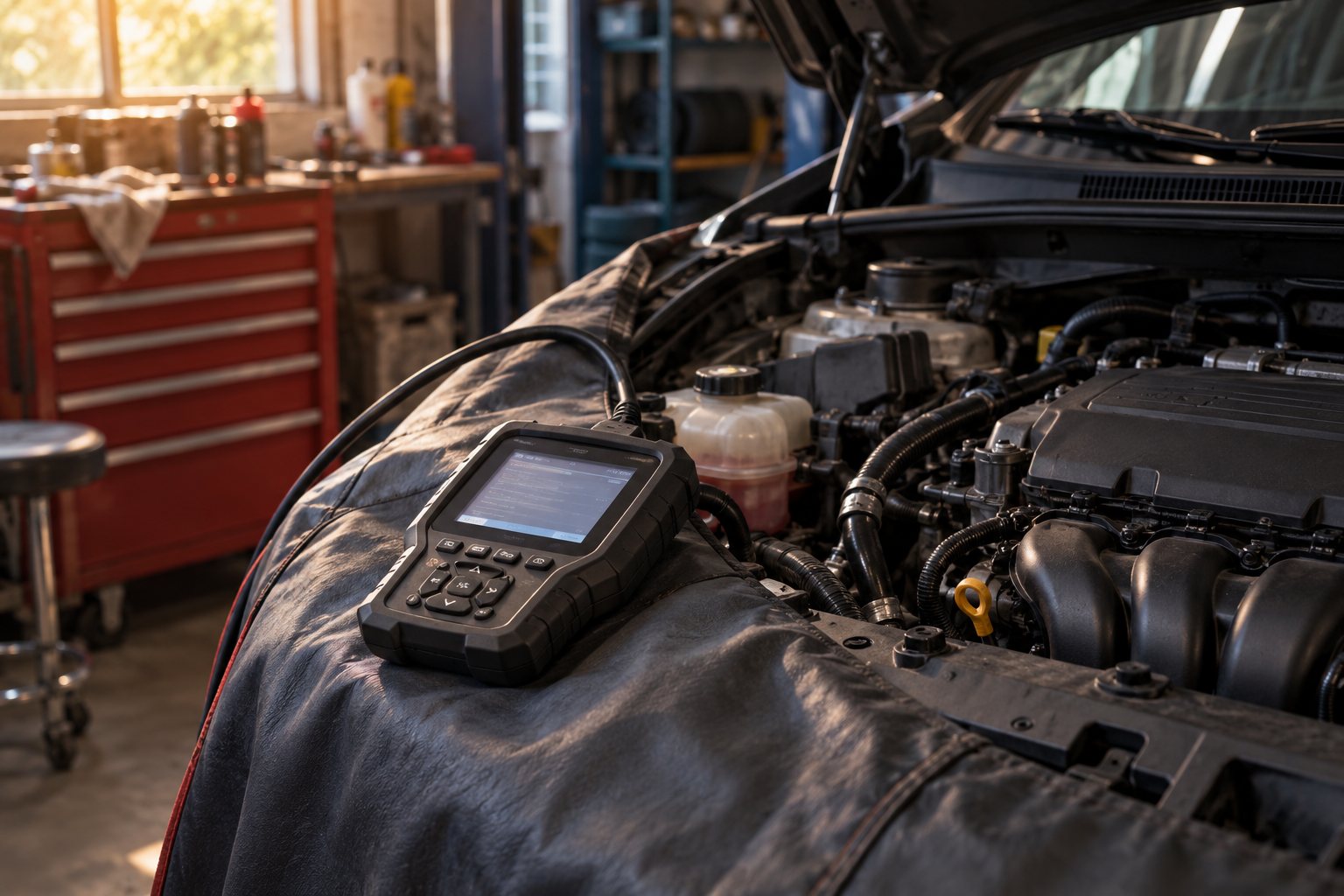 Illustrative diagnostic scanner beside an open engine bay