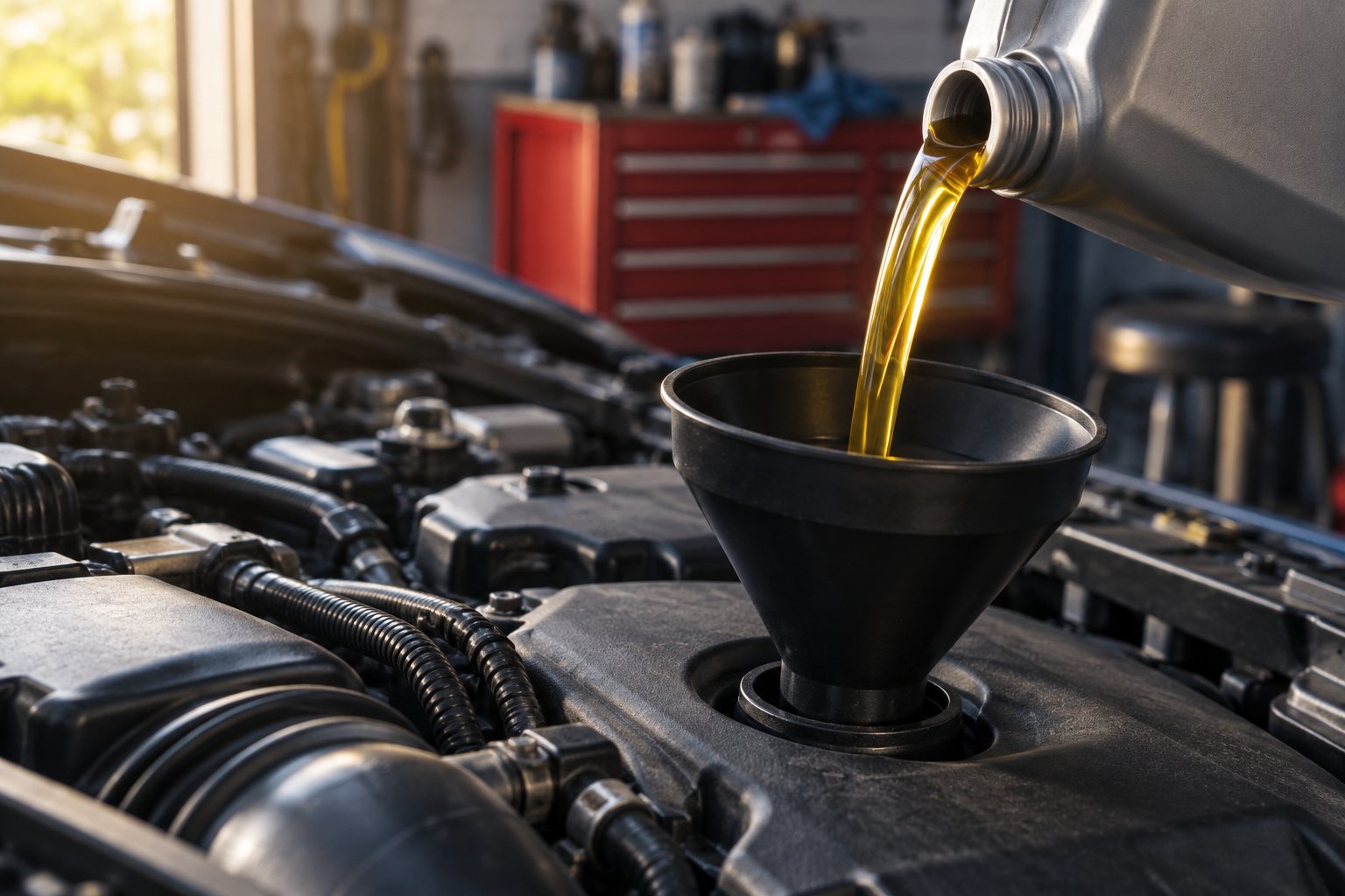 Illustrative motor oil being poured into an engine funnel